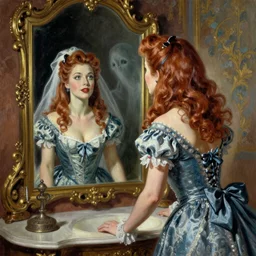 woman dressed in pin up style looking to the mirror and see in the mirrorr ghost by greg hildebrandt fancy rococo baroque regal oil painting high quality clothed in fancy garb