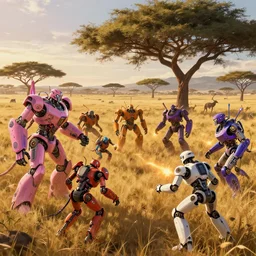 pink, orange, purple, shields, flashes, white metal and black plastic robot wildlife, wires and lights, herds fighting, african plains, long grass, futuristic robot organisms, anime, acacia trees, dramatic lighting, cinematic, anamorphic, golden hour, solarpunk