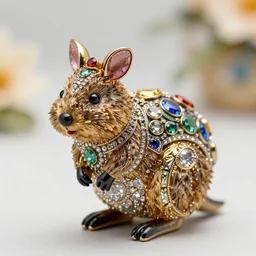 colorful, detailed jewel figurine depicting a stylized quokka, made by faberge. macro photography.