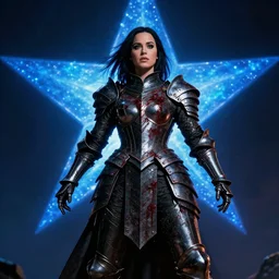 movie still frame, katy perry as heroic fantasy armored knight with black armor covered in blood in epic pose, a blue shining star in the background, beautiful composition, 8 k, cgi, by ridley scott, zack snyder and michael bay