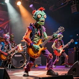 Brightly colored zombie on stage, playing guitar in a metal band, digital art