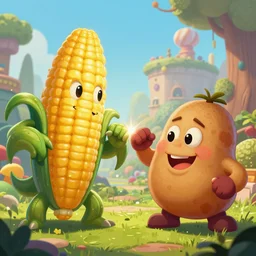 corn-monster vs potatoe-monster fight, epic digital art illustration, wide angle, masterpiece, outstanding detail, illustration, colorgrading, LUTs