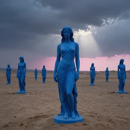 a field of blue statues of woman in a desert in ominous blue light, overcast, godrays and pink light on the horizon by john martin and thomas kinkade