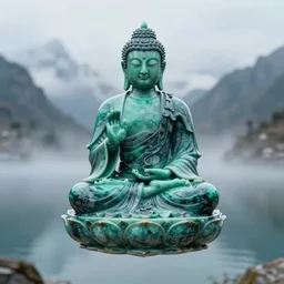 a close - up portrait of a liquid porcelain malachite emerald marble model of buddhist monk in lotus position flying in front of camera over himalaya mountains lake in weightlessness, small foggy and blue gloomy, bokeh background, highly detailed science fiction illustration by jeremy geddes. photorealistic, octane render, hyper detailed, 8 k, movie still, artstation, unreal engine