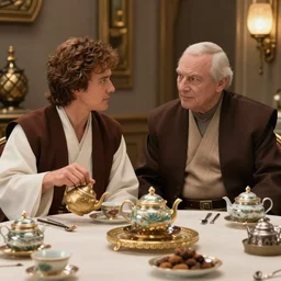 Obi Wan Kenobi sits next to chancellor palpatine at a table and dreams tea. Movie Screenshot, Still from Movie, Highly Detailed, High Resolution