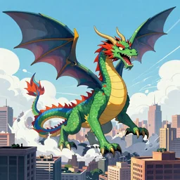 rainbow dragon destroying a city