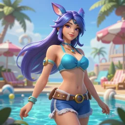beautiful character skin concept art of pool party Ahri (wild rift). 3d render, octane render, realistic, highly detailed, trending on artstation