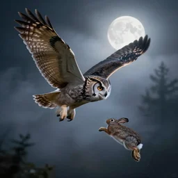 huge owl with outstretched wings flapping flying at night through fog talons reaching for prey striking killing a rabbit in the forest lit by the full moon fog moving through feathers