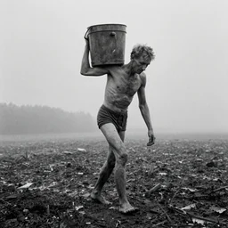 movie still by tarkovsky of an skinny old man carrying a bucket, cinestill 8 0 0 t 3 5 mm b & w, heavy grain, high quality, noir, natural textures, photorealistic, ambient occlusion, hd, mud, fog, ultra wide lens, anamorphic