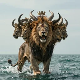 realistic movie still of a beast coming out of the sea. it had ten horns and seven heads, with ten crowns on its horns, resembled a leopard, but had feet like those of a bear and a mouth like that of a lion. one of the heads of the beast seemed to have had a fatal wound, but the fatal wound had been healed