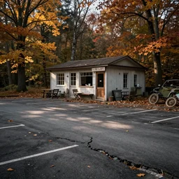 “photography of an abandoned cafe in a parking lot autumn forest realistic detailed cinema camera detail cracked pavement wide angle”