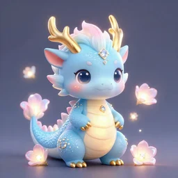 cute little dragon flowers, glowing blue, light pink, gold, diamonds, highly detailed, artgerm, cushart krenz, artstation, soft light, sharp focus, illustration, character design, concept art