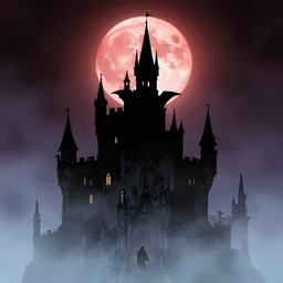 dracula's castle rising up from the mist at night silhouetted by a single huge bloodmoon by dc comics and sandra chevrier