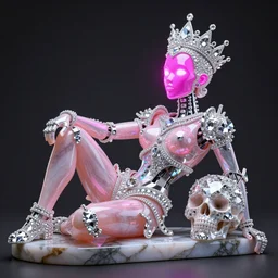 photo of fullbodied baroque and bladerunner delicate neon diamond sculpture of robot onyx albino marble prince kai harvatz dotado pink iridescent skull psychedelic, reclining, glowing magenta face, crown of white diamonds, cinematic lighting, photorealistic, octane render 8 k depth of field 3 d