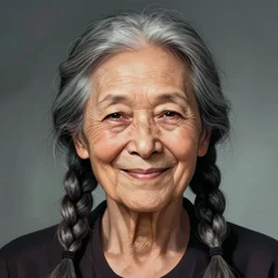 portrait of and elderly woman with gray braids, squinty eyes, smiling, dramatic lighting, illustration by Greg rutkowski, yoji shinkawa, 4k, digital art, concept art, trending on artstation