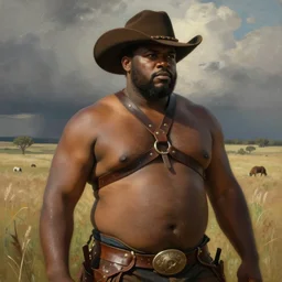 a beautiful dramatic epic painting of a thicc handsome black man | he is shirtless and wearing a cowboy hat and leather harness | prairie setting | homoerotic, highly detailed, dramatic lighting | by Mark Maggiori, by William Herbert Dunton, by Charles Marion Russell | trending on artstation