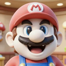 a massive porcelain sculpture in a galley of super mario's face spewing mushrooms from his mouth