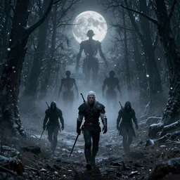 the wild hunt, ghost riders in the full moon, skeletal shadow creatures, lurking enchanted forest, blizzard, mist, treacherous road, uneasy atmosphere, from the witcher, cinematic, arnold gpu, octane workflow, 8 k, unreal 5, hyperrealist, intricate digital art, volumetric lighting, trending artstation, dark fantasy