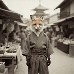 1 8 th century japanese street market in kyoto 1 9 0 0 s early photography historical photo portrait anthro anthropomorphic fox head animal person fursona wearing clothes street trader