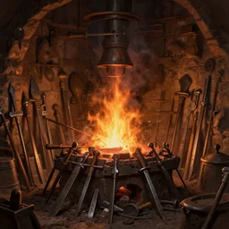 blacksmith interior glowing forge many weapons dirty and messy, deep focus, d & d, fantasy, intricate, elegant, highly detailed, digital painting, artstation, concept art, matte, sharp focus, illustration, hearthstone, art by artgerm and greg rutkowski and alphonse mucha
