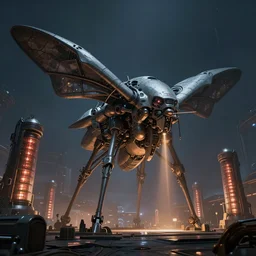 giant armored drone, scifi, alien base, midnight, power generators, highly detailed, moth shape, artstation, masterpiece, epic lighting, art by filippo ubertino