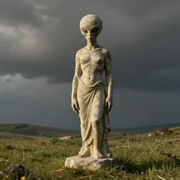 alien statue in stone on a plane of grass