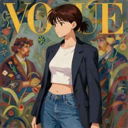 anime vogue, crop top, blazer, jeans, intricate oil painting by john singer sargent, trending on artstation, side profile