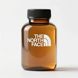 concept art of a north face brand dietary supplement in a transparent modern rounded bottle filled with gold brown iridescent liquid, black top, by greg rutkowski, white tones, white background, digital painting, artstation, concept art, smooth, sharp foccus ilustration hq