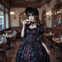 lomography, full body portrait photo of reol wearing a elegant gothic dress, open top, wearing a chocker and cute hat, drinking tea in a large open victorian cafe interior, moody, realistic, dark, skin tinted a warm tone, light blue filter, hdr, rounded eye, detailed facial features