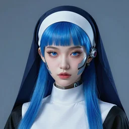 a portrait of an lonely kawai  cyber nun, elegant, focus, Vibrant blue Cyberpunk with Bald Back haircut, detailed, realistic eyes, horizontal partial symmetry features proportions, intricate facial details, cybertech wear, award winning, trending in cgsociety artstation deviant art