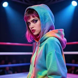 gorgeous vaporwave goddess in hoodie in a fight ring, side portrait, vi, angry, striking, defiant, spotlight, vibrant colors, beautiful eyes, by marco paludet and gianni strino and marion bolognesi