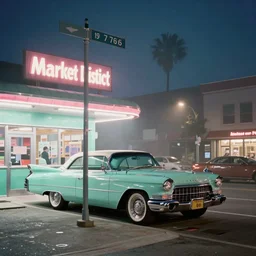 color street view in america of market district at night. a mint cadillac parked outside diner, from 1 9 7 6, california. liminal space. scorsese, kodachrome, fred herzog. light fog. epic view. low saturation, winter, pastel tones. detailed sharp photograph shot on hasselblad medium format cinestill film
