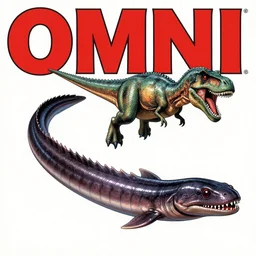 1979 OMNI Magazine Cover depicting An electric eel flying at a dinosaur. Cyberpunk Akira style by Vincent Di Fate