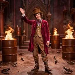 klaus schwabb as willy wonka, in chocolate factory, swarms of locusts, fire barrels, gothic