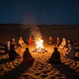 stunning night photograph of doofers in the desert around a fire circle, accurate bodies