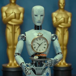a still from a cyberpunk movie of a porcelain clock work automata with sushi served on its body, color grading, film, oscar, a 2 4, stanley kubrick, wes anderson
