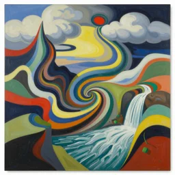 A wild, insane, modernist landscape painting. Wild energy patterns rippling in all directions. Curves, organic, zig-zags. Saturated color. Mountains. Clouds. Rushing water. Wayne Thiebaud. David Hockney.