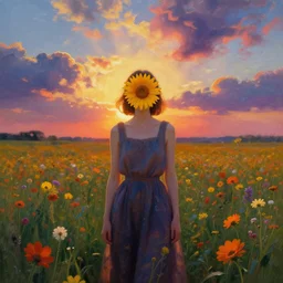 woman with flower as face, surreal photography, standing in flower field, sunrise dramatic light, impressionistic painting, colorful clouds, artstation, dali, simon stalenhag