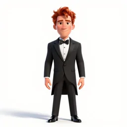 red-haired secret agent in tuxedo, stylized pixar-style 3d render, full body, standing, isolated on a pure white background, centered, whole figure in frame, sharp focus, studio lighting
