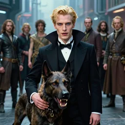 realistic detailed portrait movie shot of an elegant blond male vampire with a cerberus, futuristic street background by denis villeneuve, amano, yves tanguy, alphonse mucha, max ernst, caravaggio, edward robert hughes, roger dean, rich moody colours, dog teeth, blue eyes