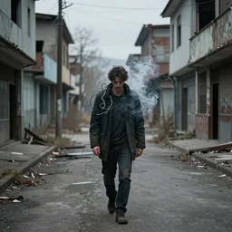tendrils of smoke twist around him as he walks down the lonely street of abandoned storefronts