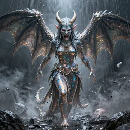 pearlescent angry lilith the mother of all monsters angry, raining ash, fine art masterpiece, highly detailed dino valls wayne barlowe machiej kuciara, dramatic lighting, long shot, wide angle, uhd 8 k, sharp focus