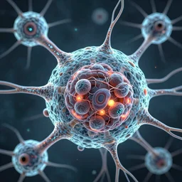 A concept matte painting of internal lymphocyte virion rawandrendered synaptic fractality transmission embryonic beholder glial neurons cyberpunk eyewire nerve cells microscopic plankton glowing neuronal brain cell synapse by WojtekFus Facey rossdraws