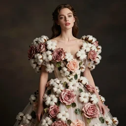 woman with a large majestic detailed cotton roses dress