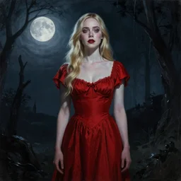 a striking hyper real painting of Elle Fanning in a red dress, lovecraftian, horror, moonlit,