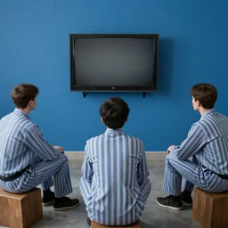 Inmates in striped suits sitting around a television bolted to a blue wall, rule of thirds, rendered in octane, rendered in Corona, rendered in vray, rendered in Arnold, insanely detailed, photorealistic, cinematic, global illumination, no grain, widescreen