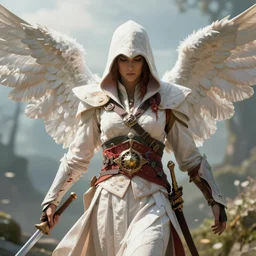 dreamy avalon, in the style of assassin's creed, angelic, natural lighting, in a symbolic and meaningful style