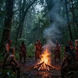 ritualistic barbarian ceremony in a rain forest clearing, twilight, ominous bonfire with smoke emanating, style of Tyler Edlin, style of Tim White