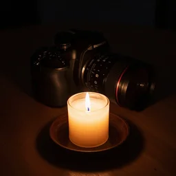 dslr, candle that is lit on a table, in a candle holder, in a dark room, eerie glow, extreme quality, real photo, real camera, moody lighting, 8 k