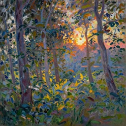 An aesthetically pleasing, dynamic, energetic, lively, well-designed digital art of trees inside a forest during sunset, light and shadow, by Claude Monet, superior quality, masterpiece, excellent use of negative space. 8K, superior detail.